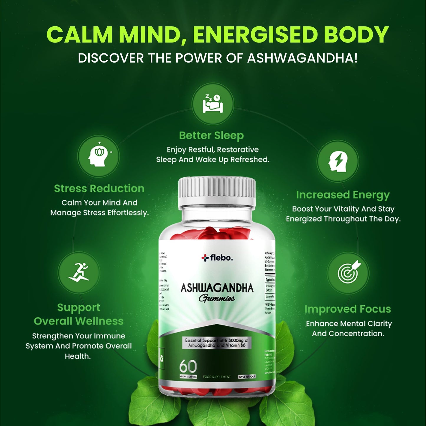 Flebo Ashwagandha High Strength Gummies, Vegan & Gluten-Free I Stress & Anxiety Relief for Adults, Ashwagandha Gummies Supplement for Relaxation and Wellness 60 Two - A - Day I Apple Flavor