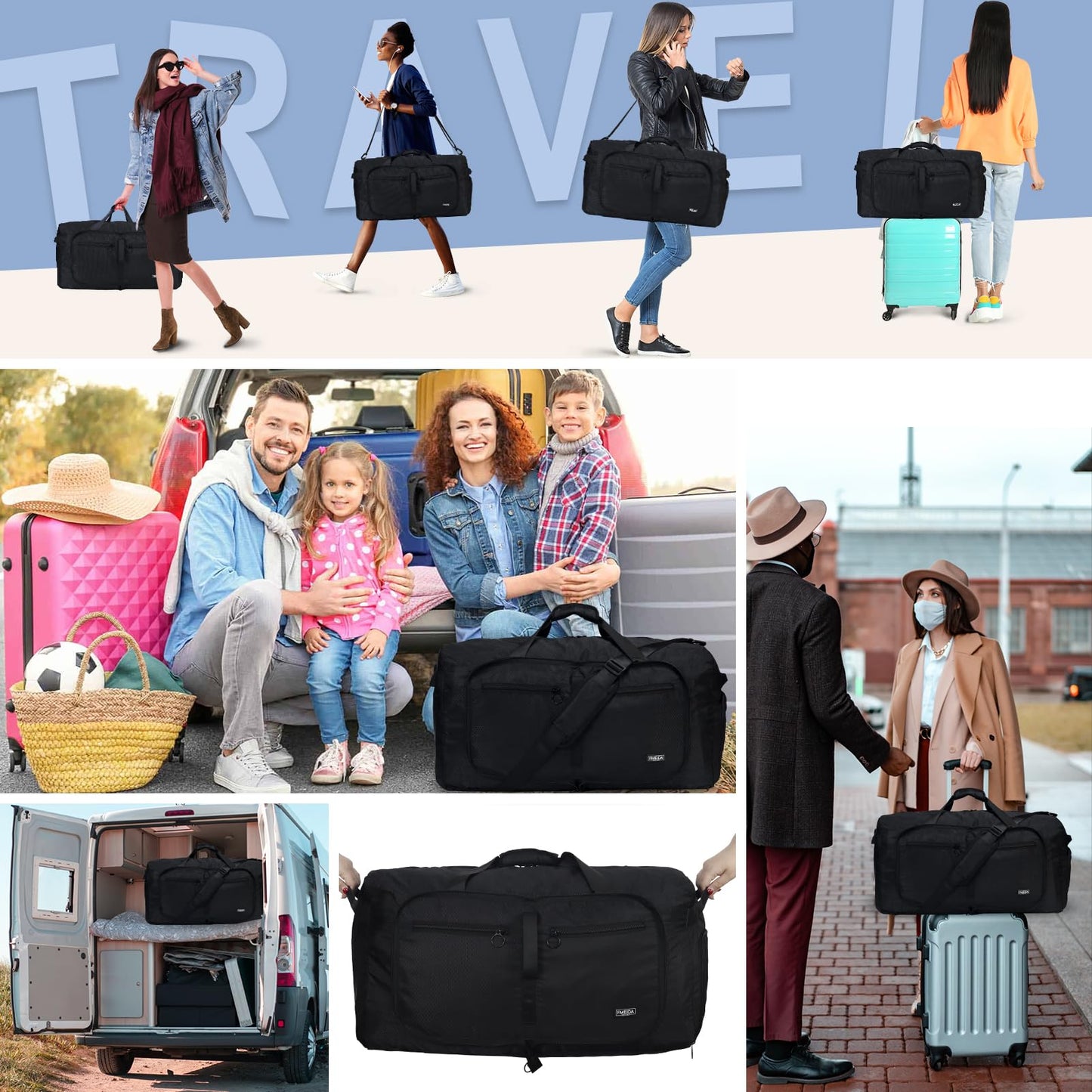Fmeida 65L Foldable Travel Duffle Bag, Lightweight Waterproof Weekend Luggage with Shoes Compartment, Large Overnight Holdall Tote, Black