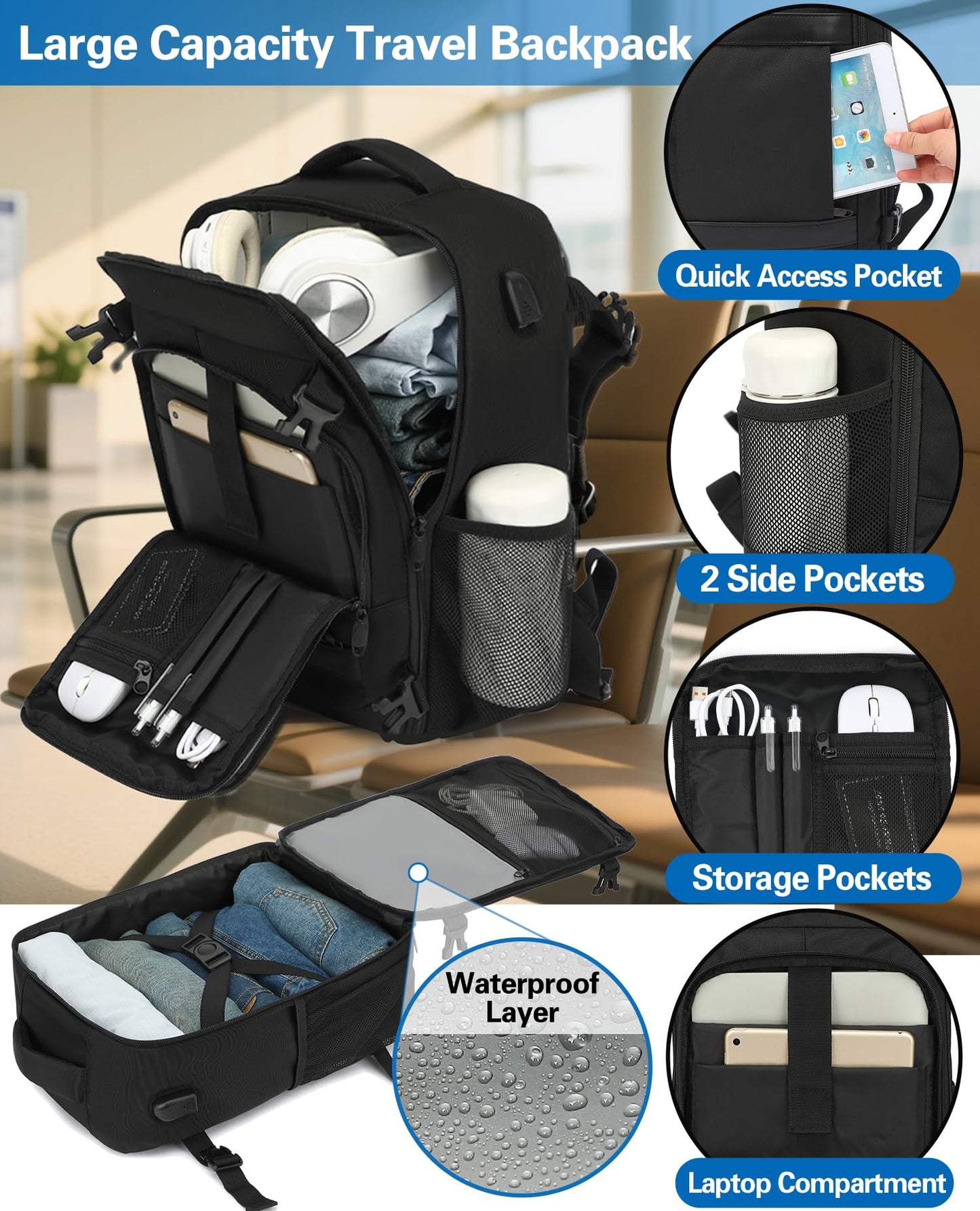 KLOSTAIN Cabin Bags 40x20x25 for Ryanair Underseat Travel Backpack Hand Luggage Carry-ons Bag Cabin Size 20L for Airplanes Flight Ruscksack Black