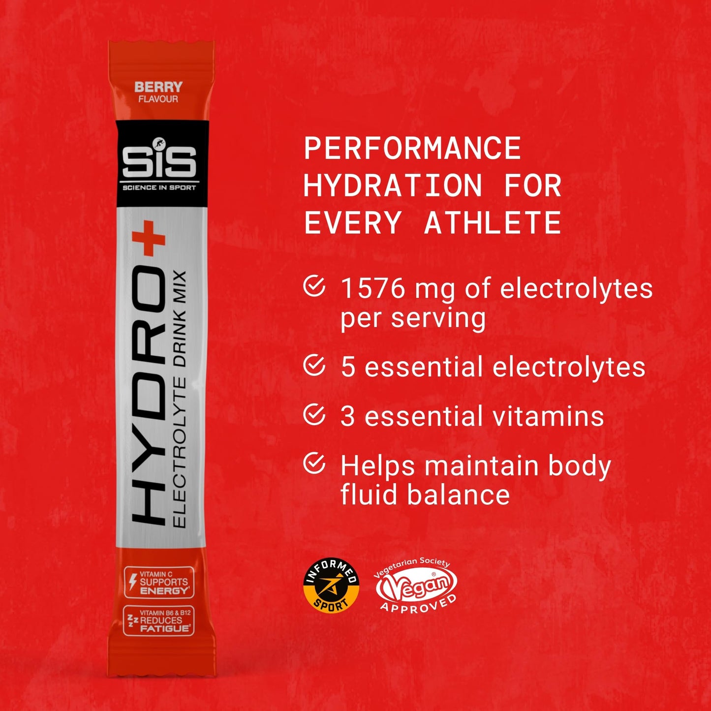 Science in Sport Hydro+ Electrolytes Powder Sachets with 5 Essential Electrolytes and Added Vitamins C, B6, and B12 for Hydration Drink | Berry, Pack of 20 Sachets