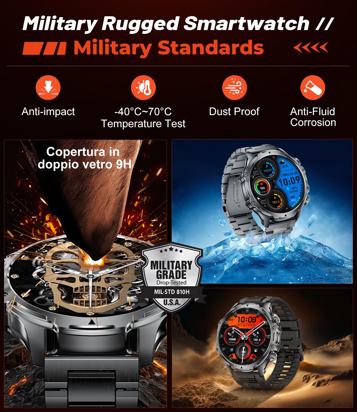 Military Smart Watch for Men with 800mAh and LED Flashlight, 1.85'' Smartwatch with Bluetooth Call/30+ Days Standby/Health Monitor, IP68 Waterproof Sport Tactical Fitness Tracker Watch for Android iOS