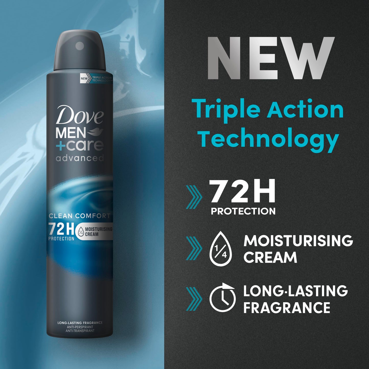 Dove Men+Care Advanced Clean Comfort Anti-Perspirant Aerosol Deodorant Spray with Triple Action technology & ¼ moisturising cream for 72 hour protection against sweat and odour 200 ml