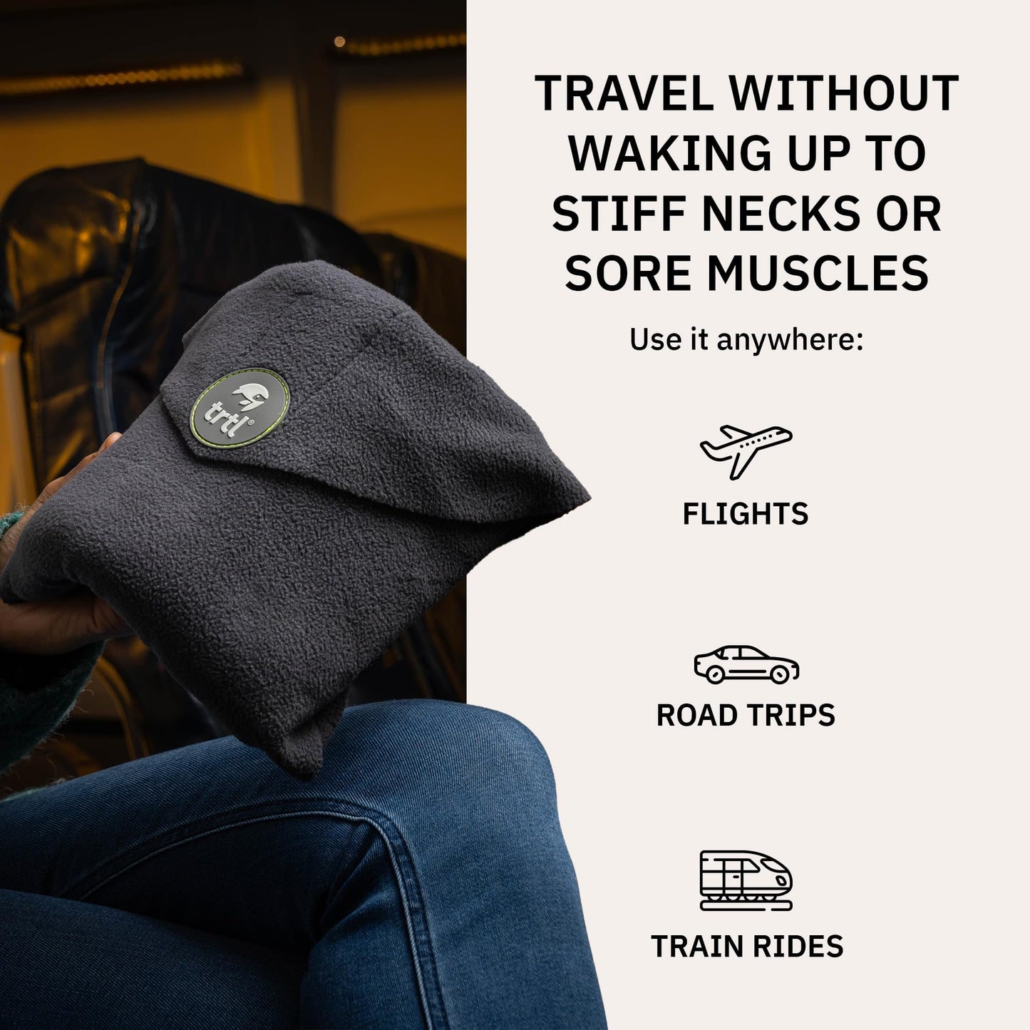 trtl Travel Pillow - Airplane Pillow for Neck and Shoulder Support - Soft, Lightweight, Machine-Washable Travel Pillows for Airplanes - Grey