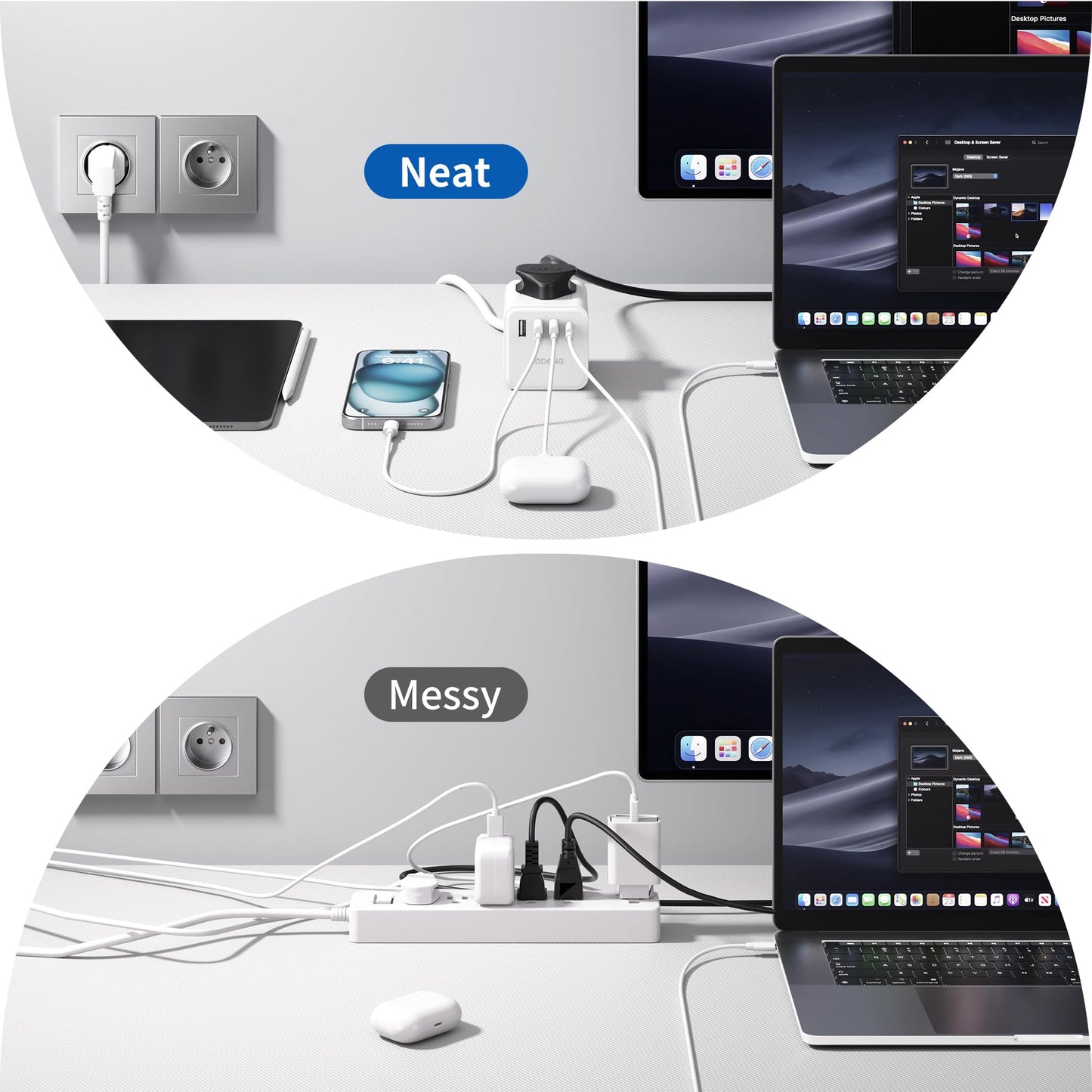 UK to European Plug Adapter with 1.5M Extension Cable, Aodeng 4 Way Travel Extension Lead with 4 USB Compact Type E/F Travel Adapter for Germany France Spain Poland Greece Netherlands etc.