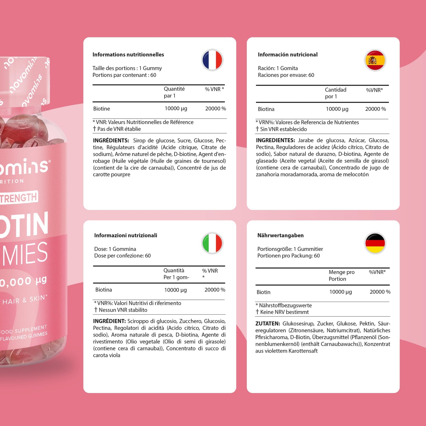 Biotin Gummies - 10,000 mcg - 60-Day Supply - Hair Vitamins –- Vegan - Chewable Hair Vitamins – Anti Hair Loss and Thinning Supplement – Hair Gummies for Hair Growth - Made by Novomins