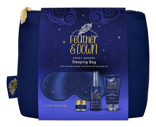 Feather & Down Sleeping Bag Gift Set (luxury eye mask, sleep balm, pillow spray and shower cream) - with calming lavender & chamomile essential oils. Vegan Friendly & Cruelty Free.