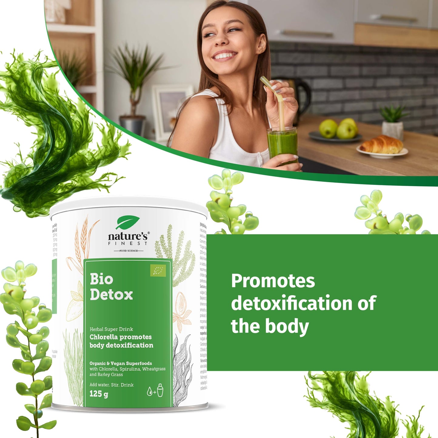 Nature's Finest by Nutrisslim Bio Detox Mix with Wheatgrass, Chlorella & Spirulina - Natural Detox Drink for Body Cleanse, Gut Health & Colon Cleanse - High Fibre & Protein Content - 250 g, Vegan