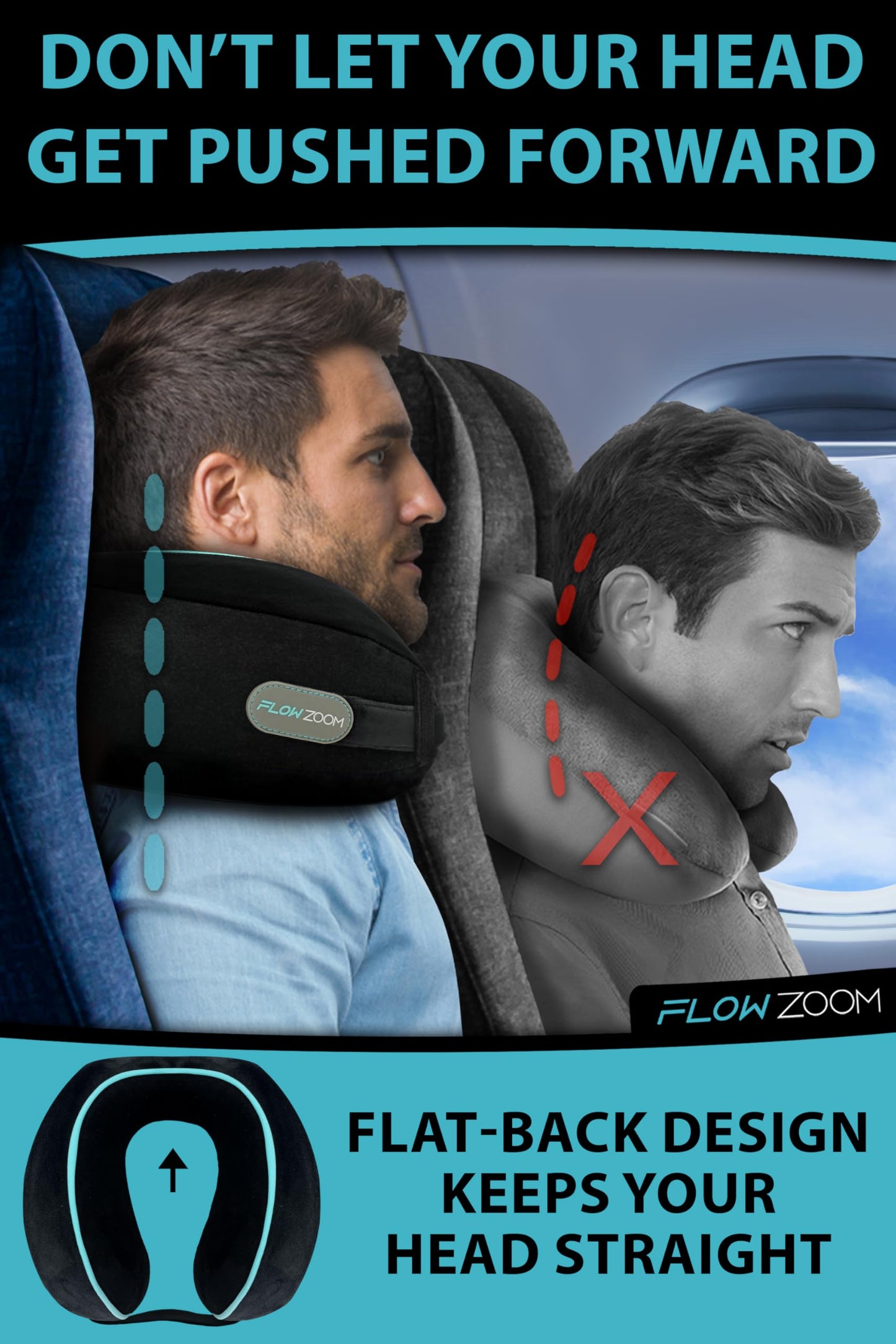 FLOWZOOM Dream Travel Neck Pillow for Airplane & Car – Adjustable Memory Foam Travel Cushion with Higher Sides for Extra Support, Soft, Washable Plush Cover and Compact Mash Bag - Black