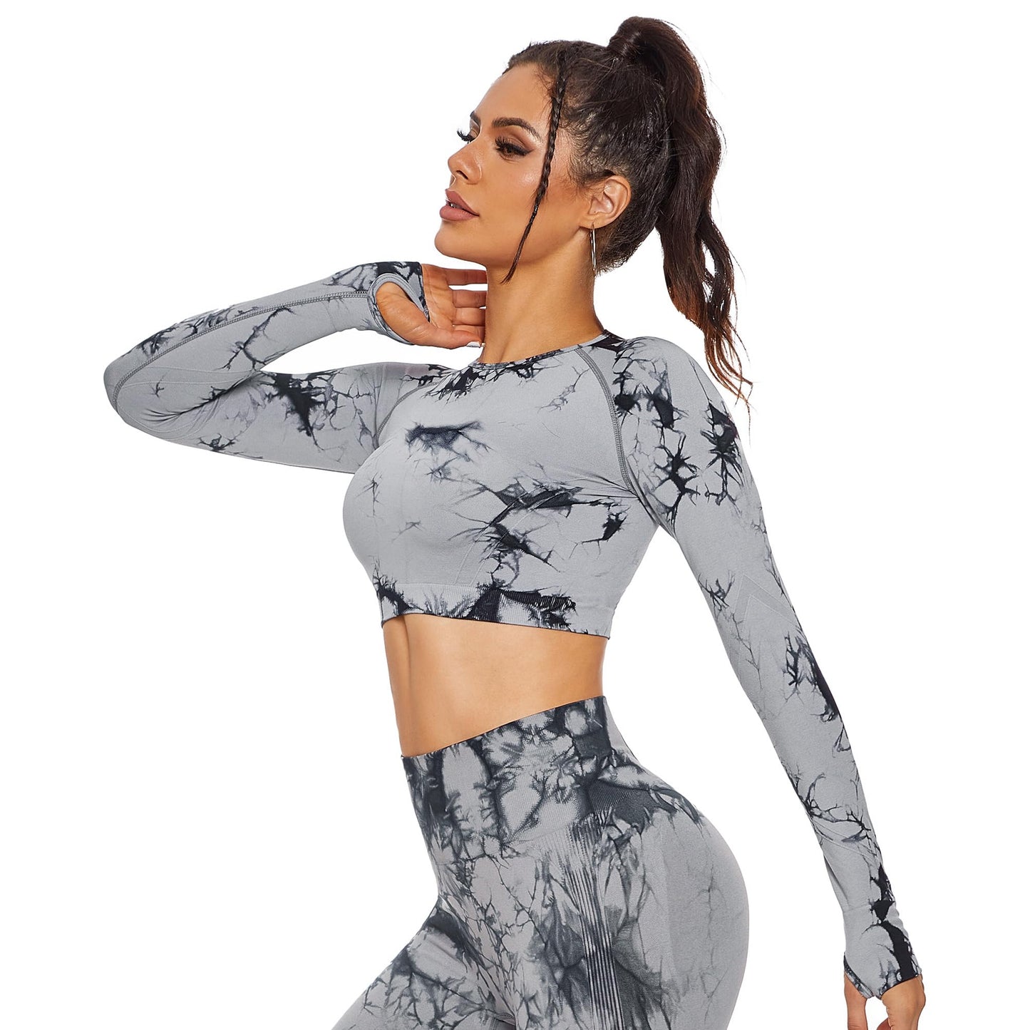 Yaavii Seamless Long Sleeve Gym Top for Women Workout Round Neck Crop Top Fitness Sports T Shirts with Thumb Hole