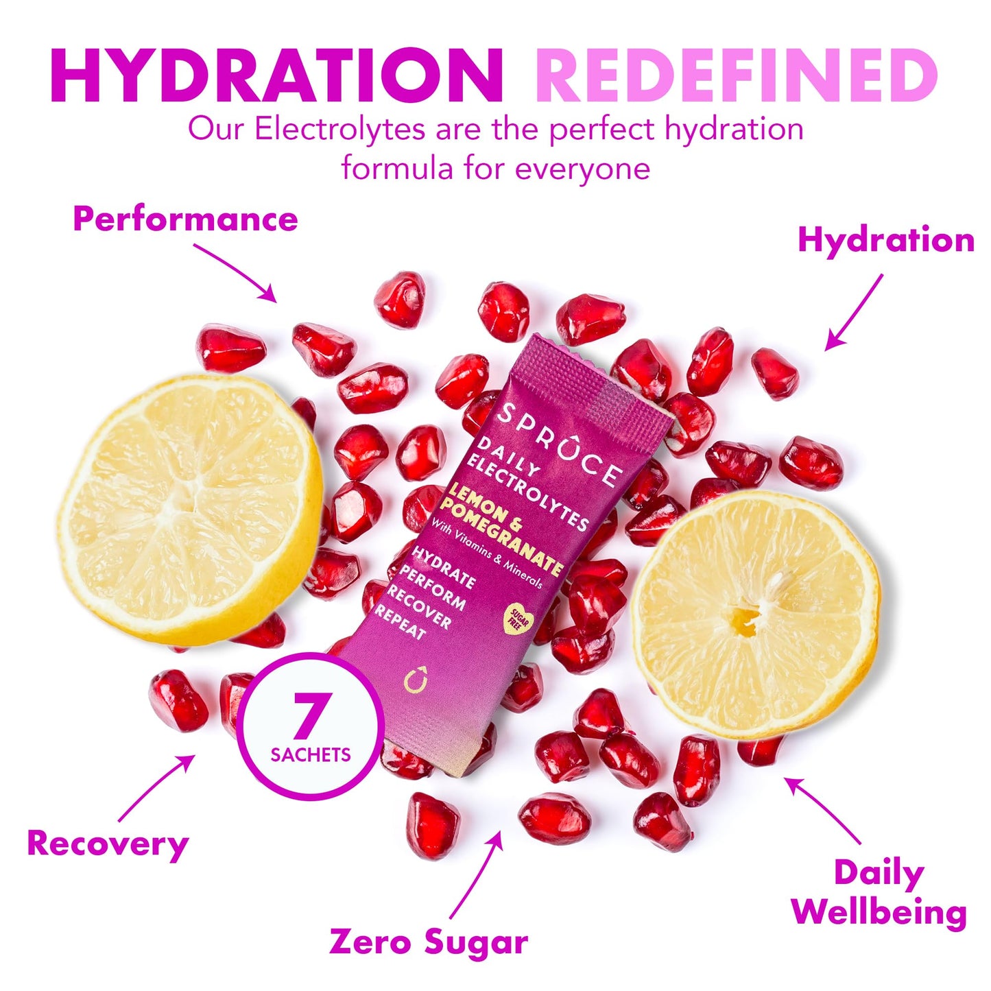 Spruce Daily Electrolytes – Sugar Free Hydration Sachets with Potassium, Sodium, Magnesium, Vitamins & Minerals for Rehydration & Recovery – Lemon & Pomegranate – 7 Sachets