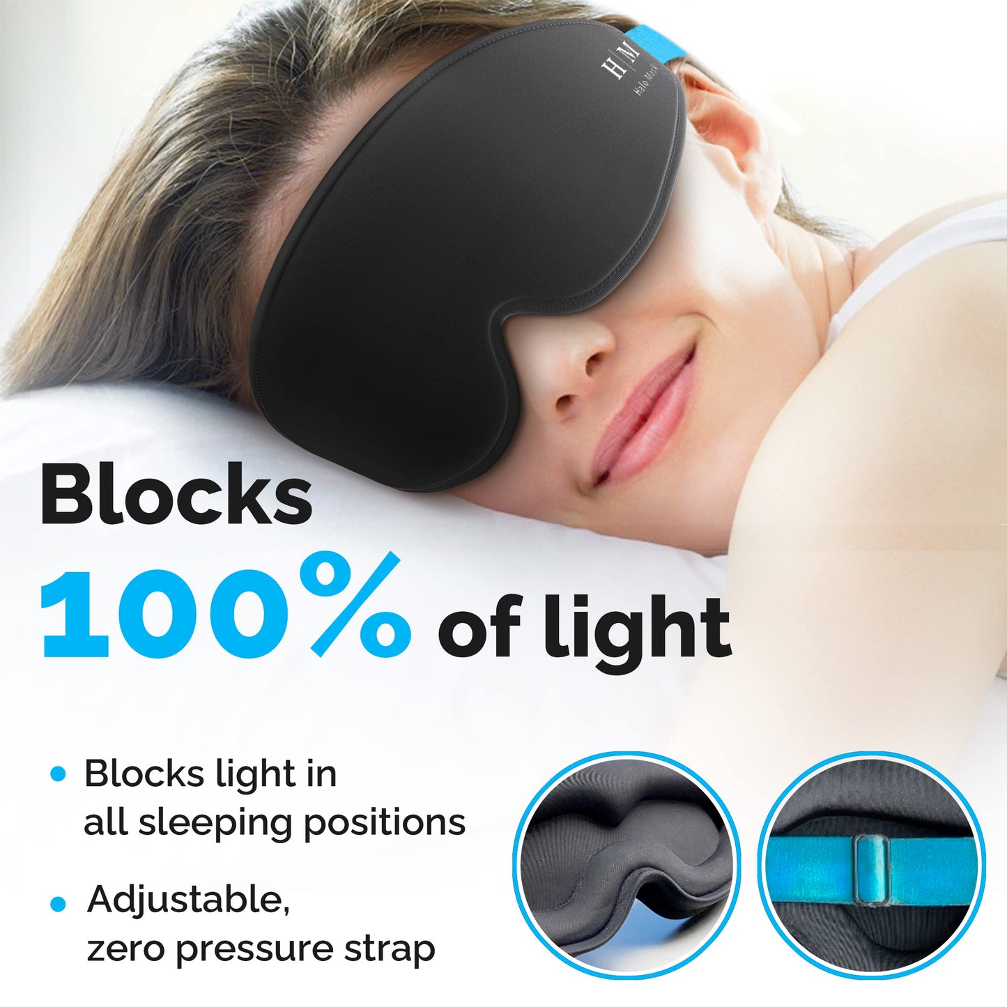 MyHalos® 100% Blackout Sleep Masks for Women & Men - Zero Eye Pressure Eye Mask for Sleeping -Our Halo Sleep Mask Includes a Storage Pouch- Black Eye Mask for Travel or Blindfold