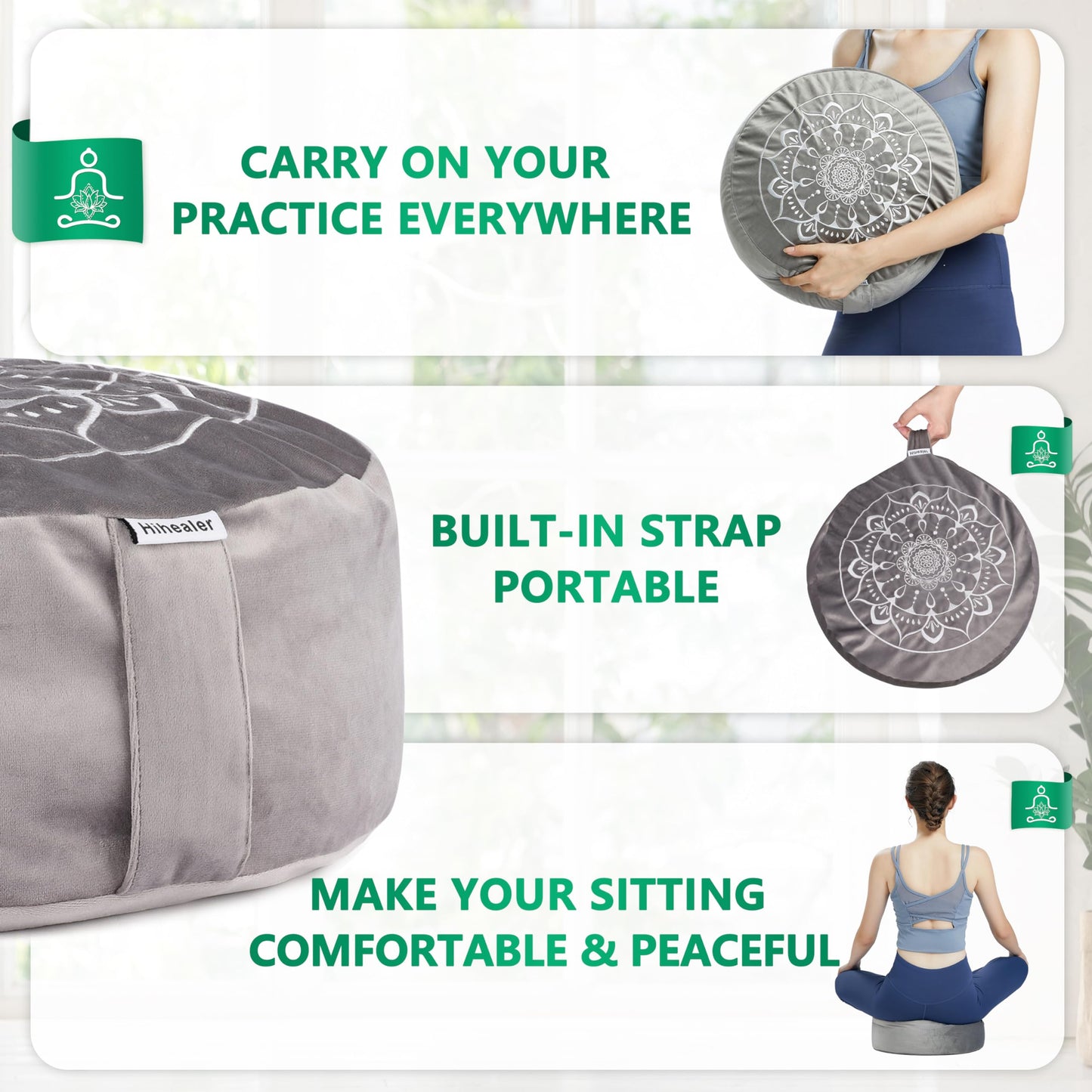 Hihealer Meditation Cushion with Extra Velvet Cover - Large Traditional Tibetan Meditation Yoga Floor Cushion Pillow Zafu Filled by Buckwheat Hulls, Great Gift for Women (Calmly Grey & White)