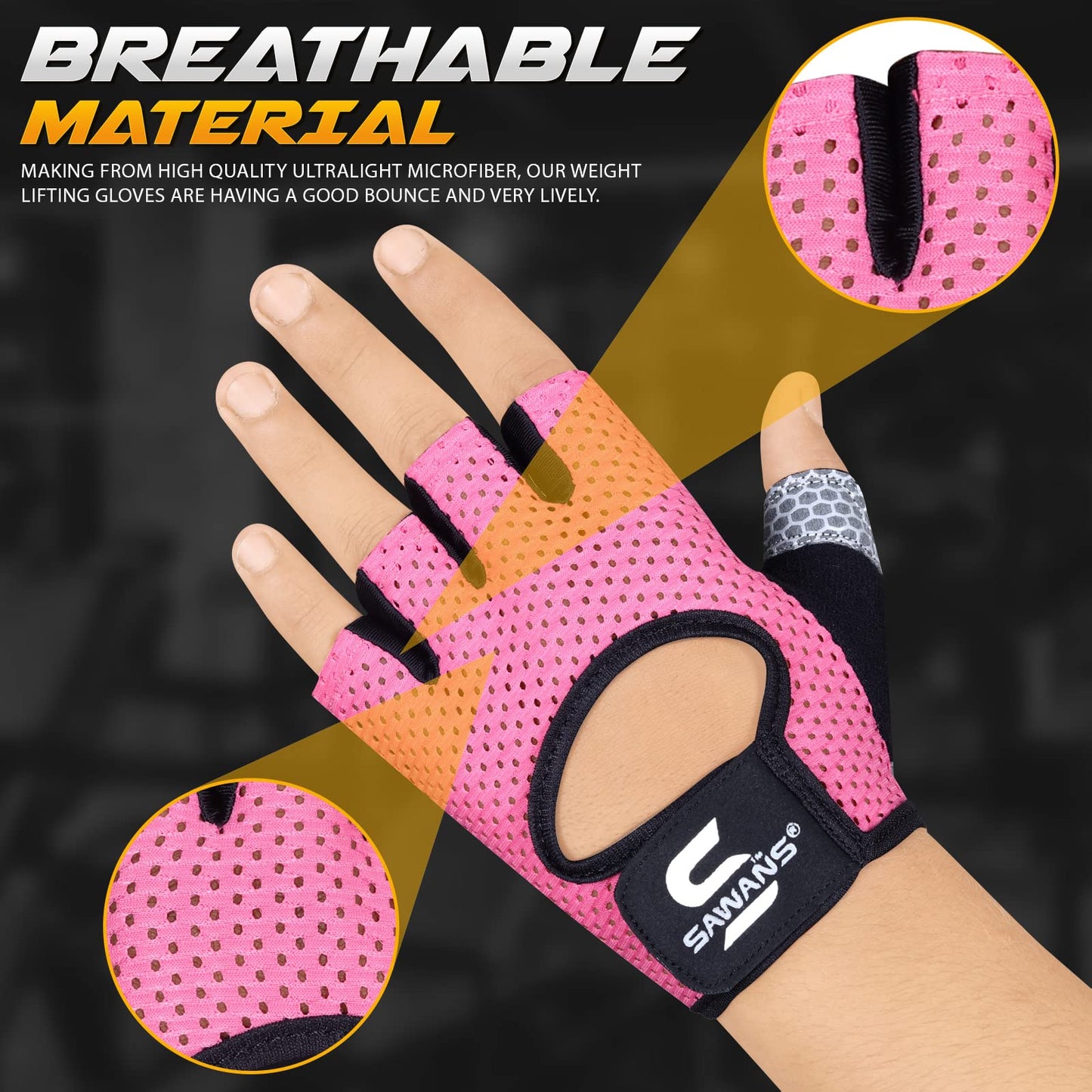 SAWANS Gym Gloves for Men & Women Weight Lifting Fitness Gloves Breathable Ladies Gloves Training Non-Slip Silicone Padded Palm Grip Protection Exercise Workout Cycling Pull ups Microfiber (Pink, M)