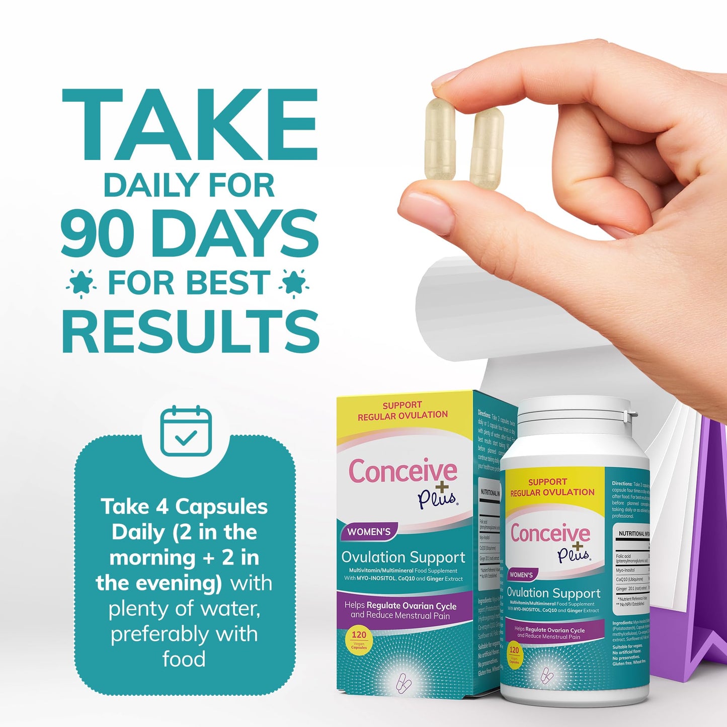 Conceive Plus Ovulation Support - PCOS Supplement for Fertility, Myo-Inositol & D-Chiro Inositol, Folate, Ginger and CoQ10 - Ovulation Supplement, Hormone Balance for Women - 120 Capsules