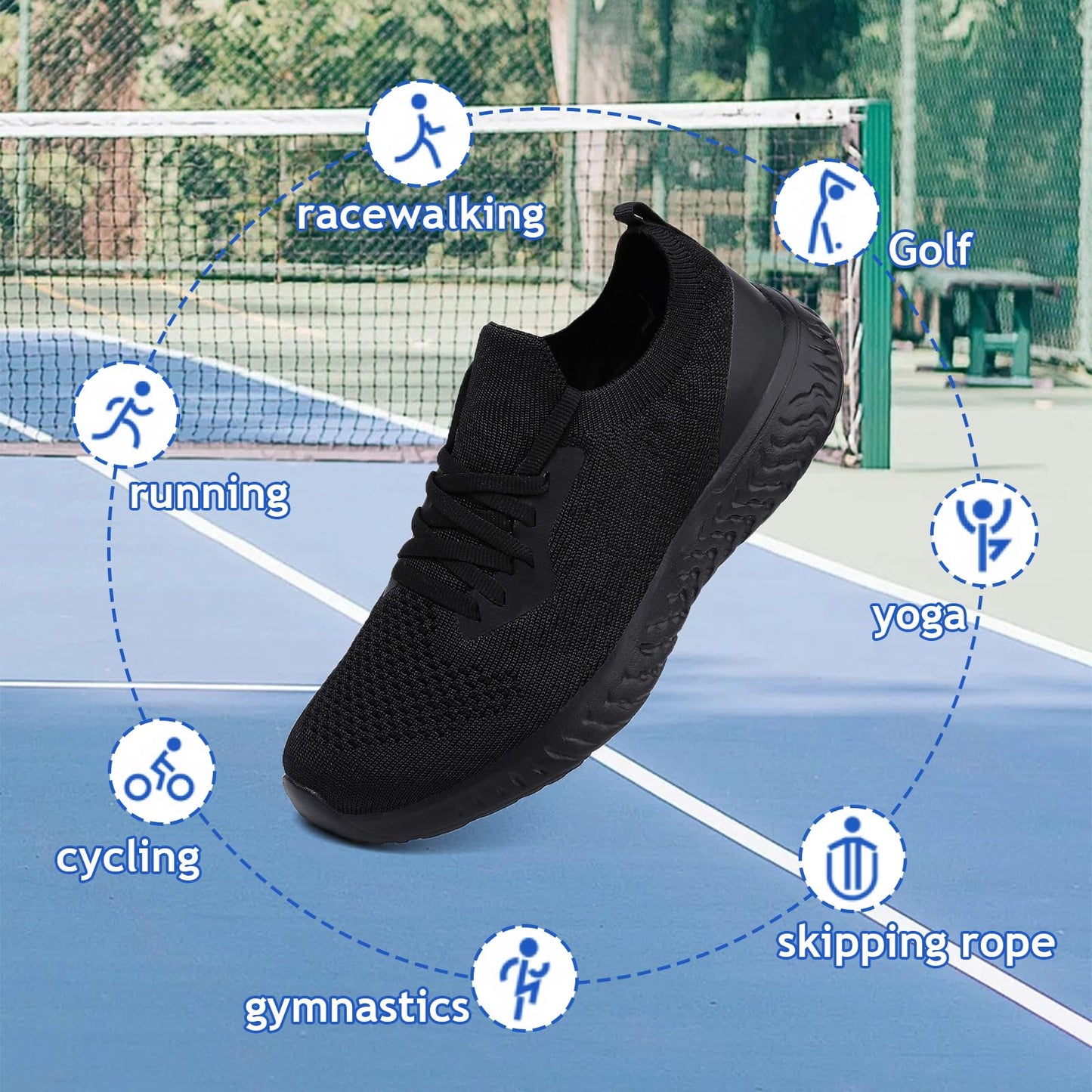 Womens Trainers Running Walking Shoes Tennis Sport Sneakers Ladies Ligthweight Gym Athletic Fitness Jogging Mesh Slip On Shoes Casual Fashion Comfortable Outdoor Flat Shoes Black