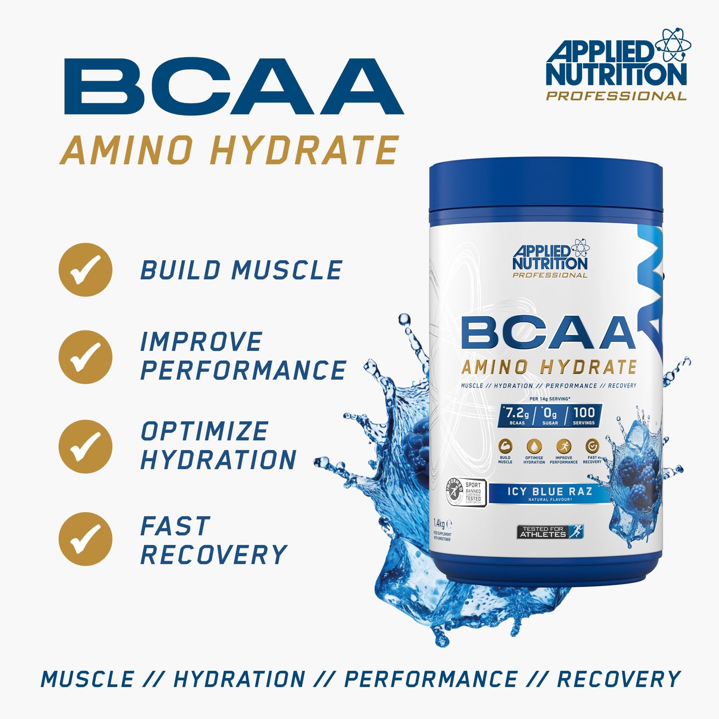 Applied Nutrition BCAA Powder - Branched Chain Amino Acids BCAAs Supplement, Amino Hydrate Intra Workout & Recovery Energy Drink (1.4kg - 100 Servings) (ICY Blue Raz)