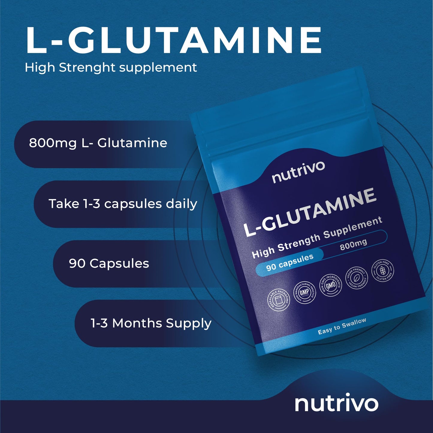 L-Glutamine 800mg Capsules | 90 Capsules Per Pouch | L-Glutamine Nutritional Supplements | Supports Muscle and Gut Health | Good Alternative to Powder and Tablets | Vegan & UK Made