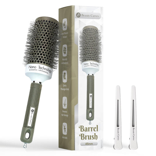 Beauty Carves Round Hair Brush, 45mm Barrel with 2 Clips - Blow Dry Hair Brush with Flexible Nylon 66 Bristles - Nano Ionic Heat Resistant Tech for Professional Curling, Styling & Shining Texture