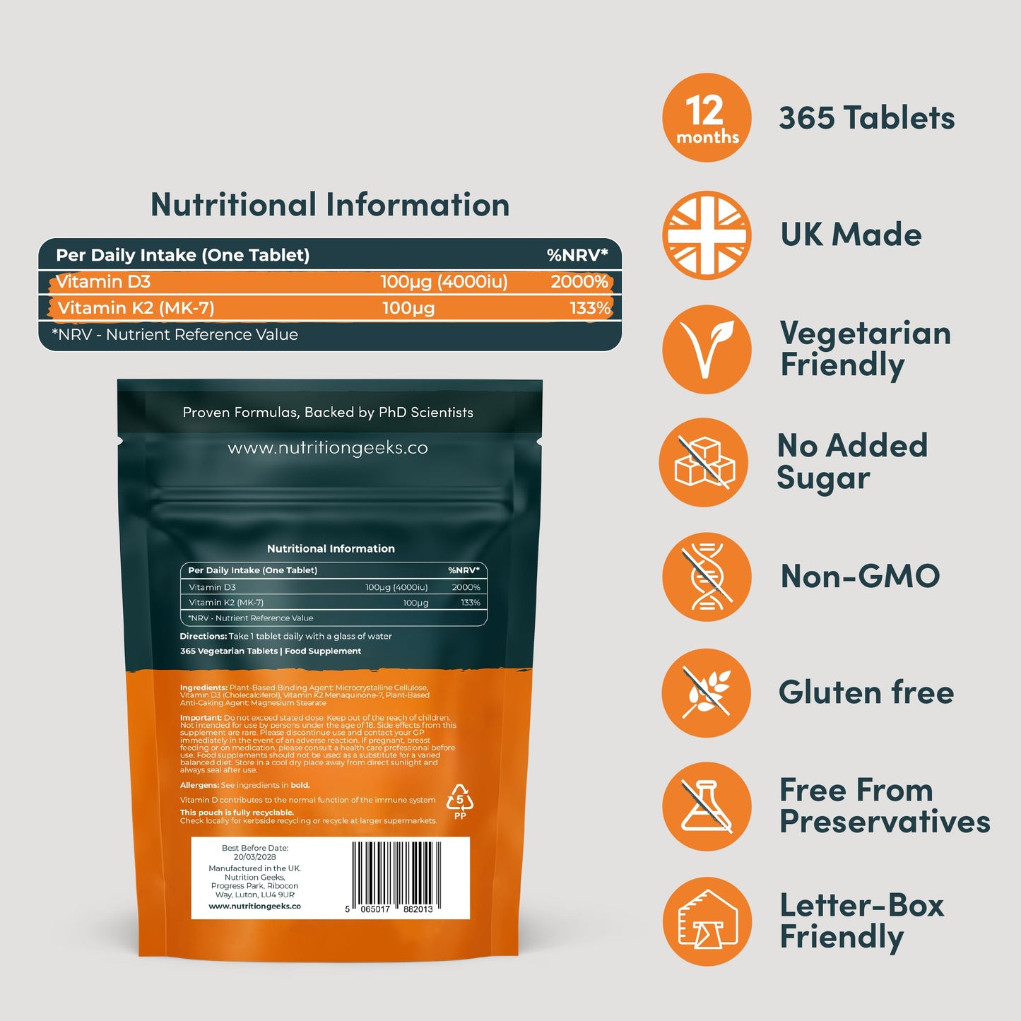 Vitamin D3 4000 IU & K2 MK-7 100µg – 365 Tablets | TRYTLION