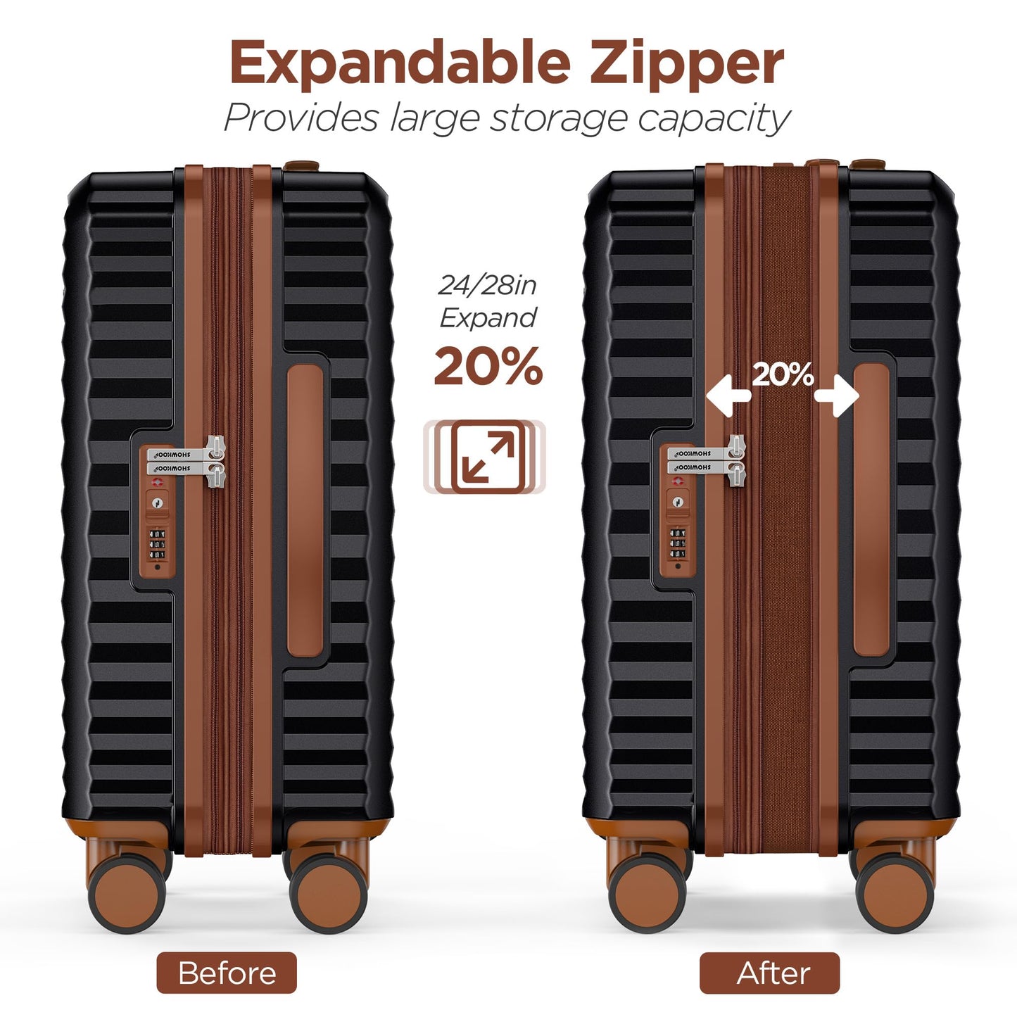 SHOWKOO Suitcase Sets 3 Piece Hardshell 100% PC Expandable Lightweight Carry on Travel Hand Luggage with Double Spinner Wheels & TSA Lock, Elegant Black