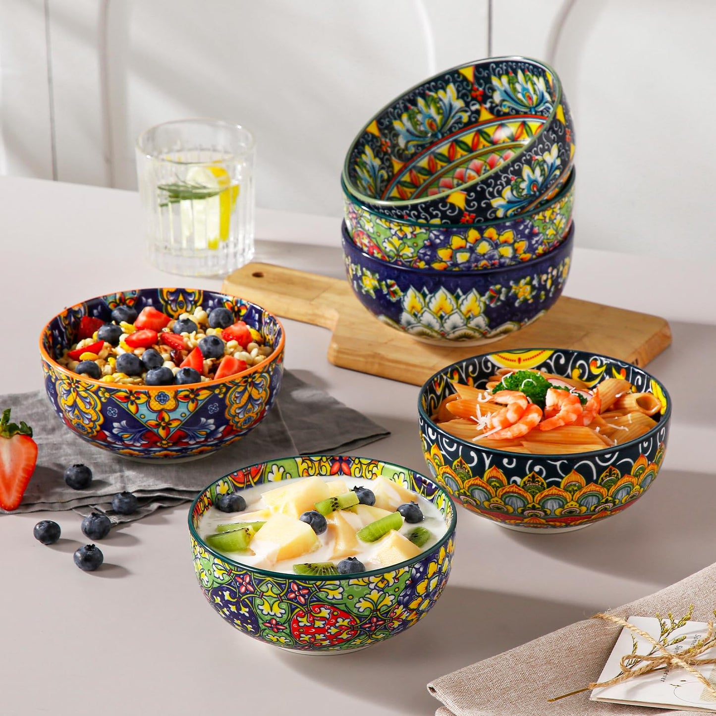 vancasso SIMI 28 oz Cereal Bowls Set of 6, Ceramic Soup Bowls, Dishwasher & Microwave Safe, Serving Bowls with Double-Sided Pattern for Cereal, Soup, Oatmeal, Ice Cream, Salad