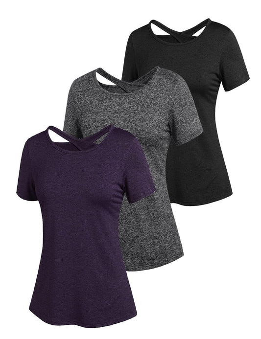 PINSPARK Women's 1 or 3 Pack Sport Tshirt Cross Back Yoga Sport Tshirt Breathable Ladies Quick-Drying Activewear Tops Flexible Athletic Gym T-Shirts PAT1 or 3 XL