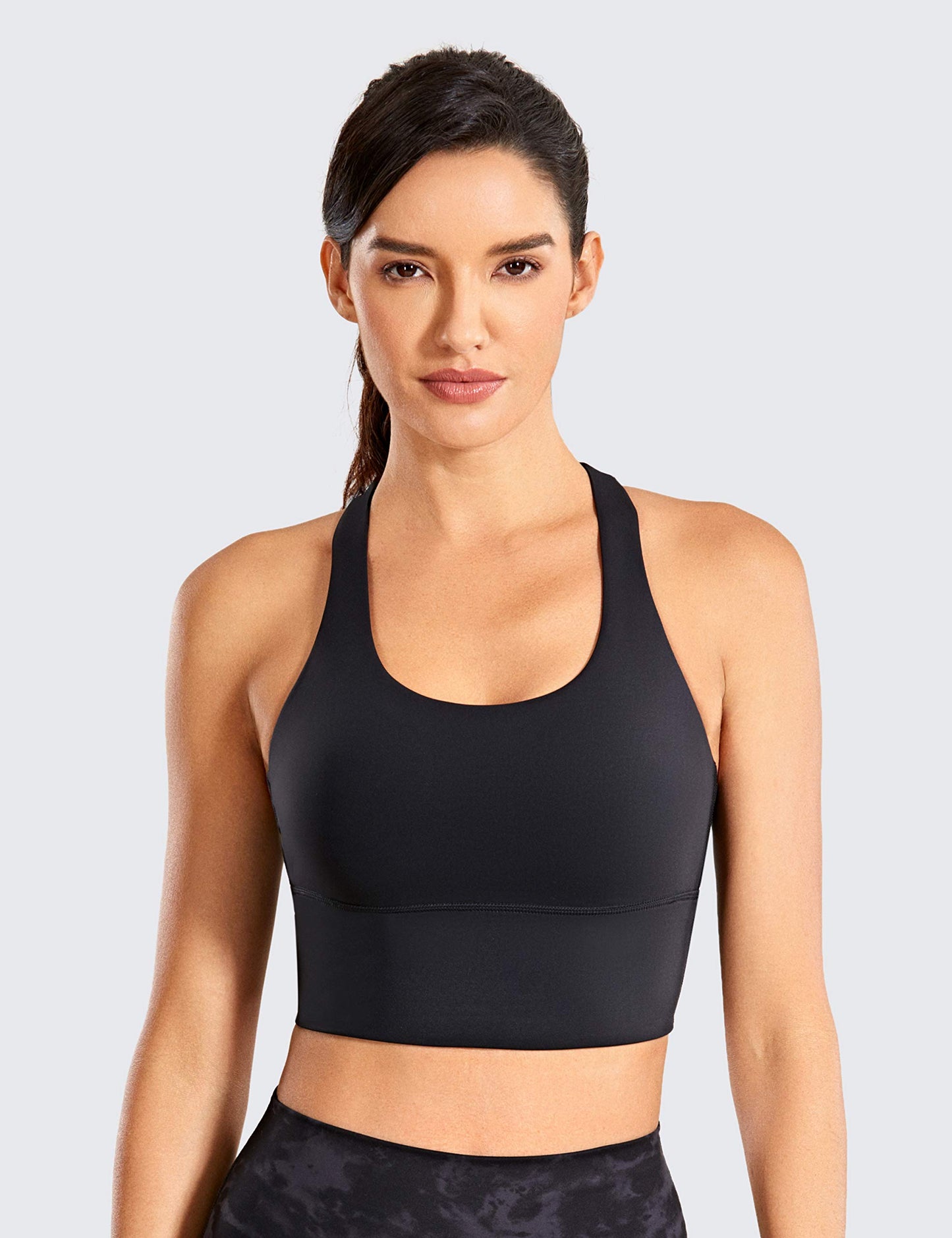 CRZ YOGA Women's Longline Strappy Sports Bras Fitness Bra Wirefree Padded Yoga Crop Tops with Built in Bra Black S