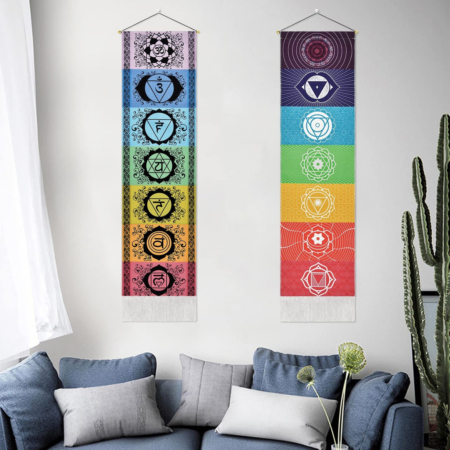 Yugarlibi 2 Pack Chakra Wall Hanging with Tassels, Meditation Yoga Tapestry, Mandala Wall Tapestry for Bedroom and Living Room - 130x32cm