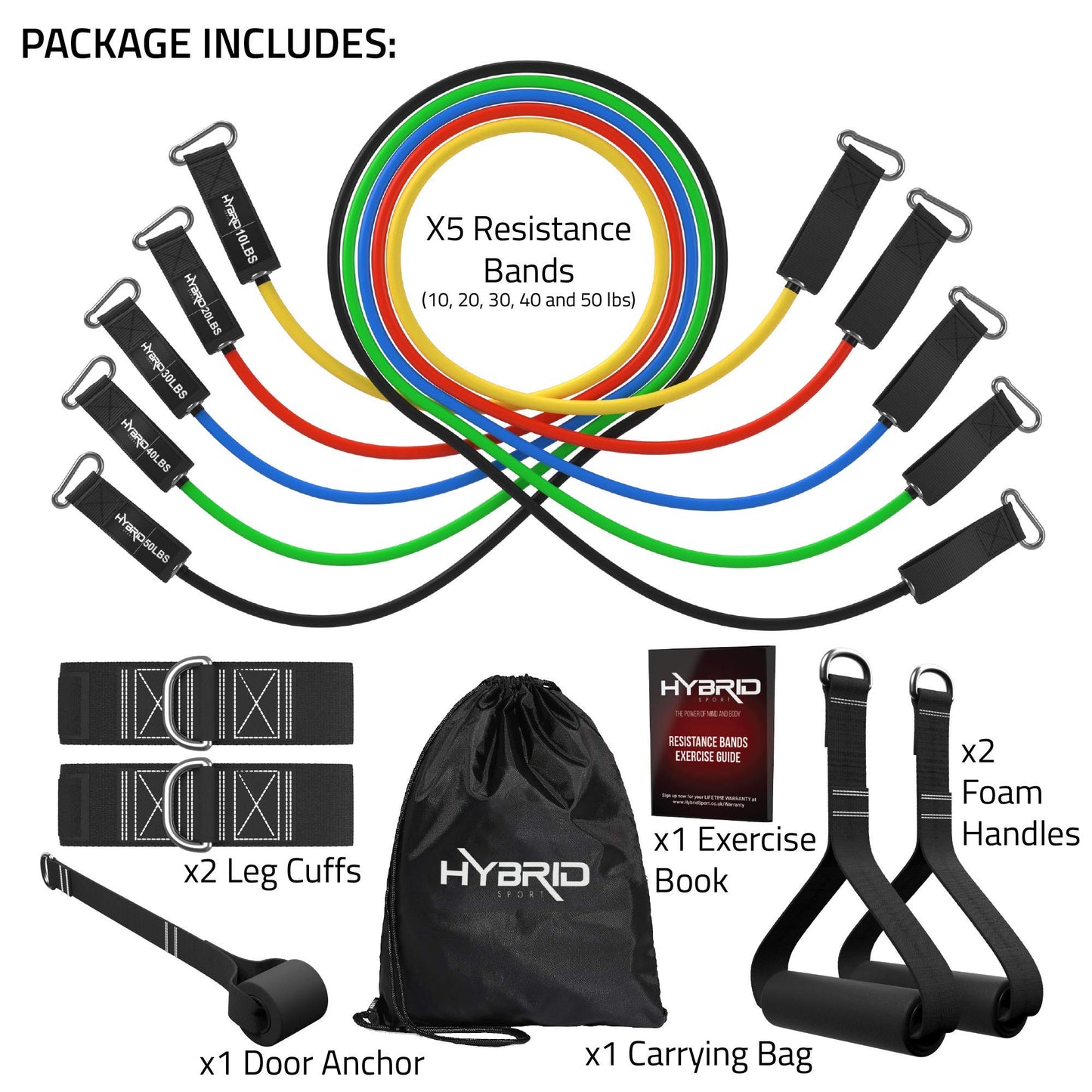 HYBRID Resistance Bands Set Men Women, HEAVY DUTY 12pcs Exercise Bands, Up to 150LB, 68kg, 2 Foam Handles, 2 Ankle Straps, Door Anchor - Fitness Tubes - Exercise Equipment for Home, Gym, Physio