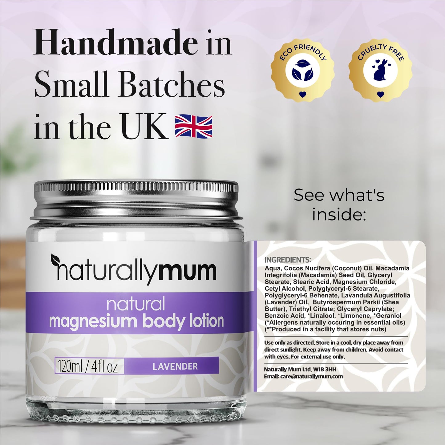 NaturallyMum - Magnesium Body Lotion [NATURAL & VEGAN] - Topical Magnesium Chloride Cream Lotion Support for Sleep, Bone, Heart & Muscle Health - Lavender - Made in UK & Safe for Kids