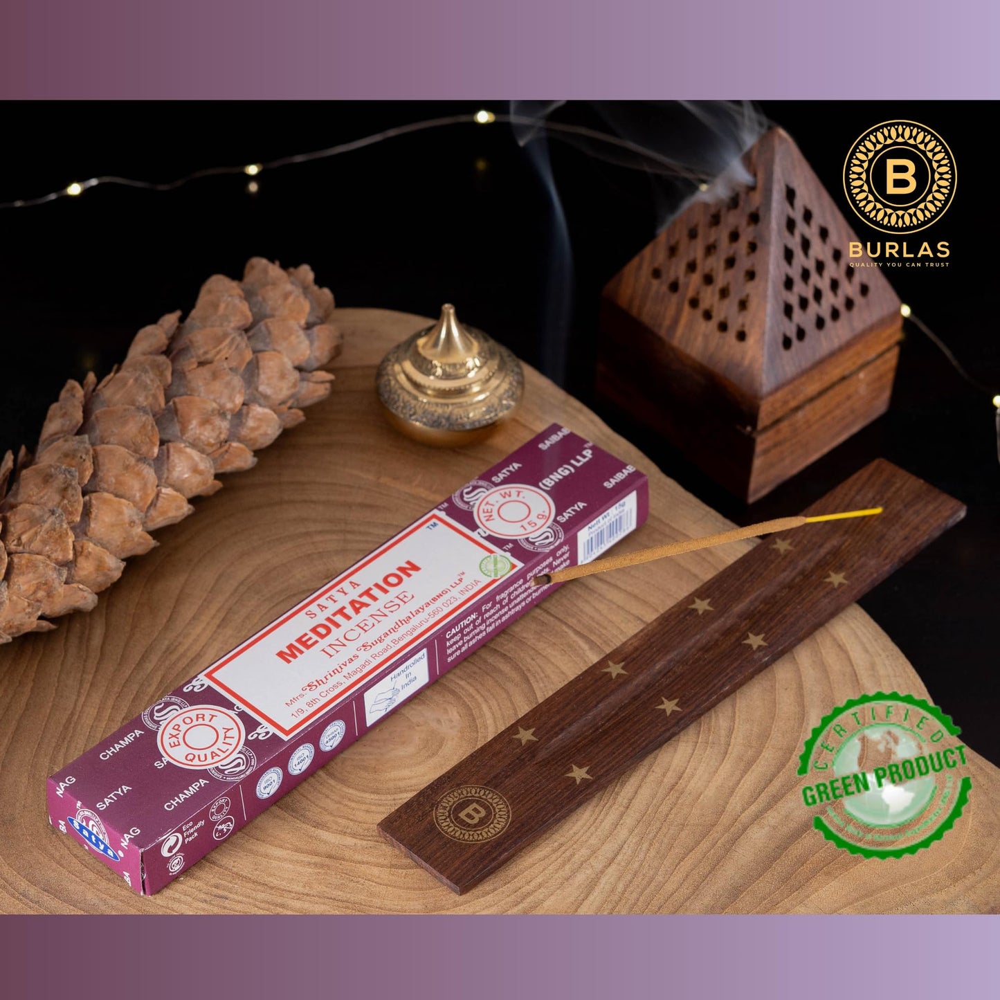 Satya Meditation Incense Sticks 3-Pack with Burlas Holder, 15g pack, Hand Rolled for Relaxation, Meditation, Yoga, Meomatherapy, Spa, Weddings, Healing and Positivity