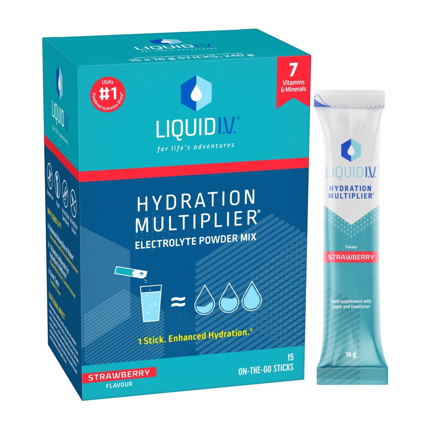 Liquid I.V. Hydration Sachets | Strawberry | Electrolyte Powder Mix | 1 Pack (15 Sticks) | 7 Vitamins and Minerals | Vegan