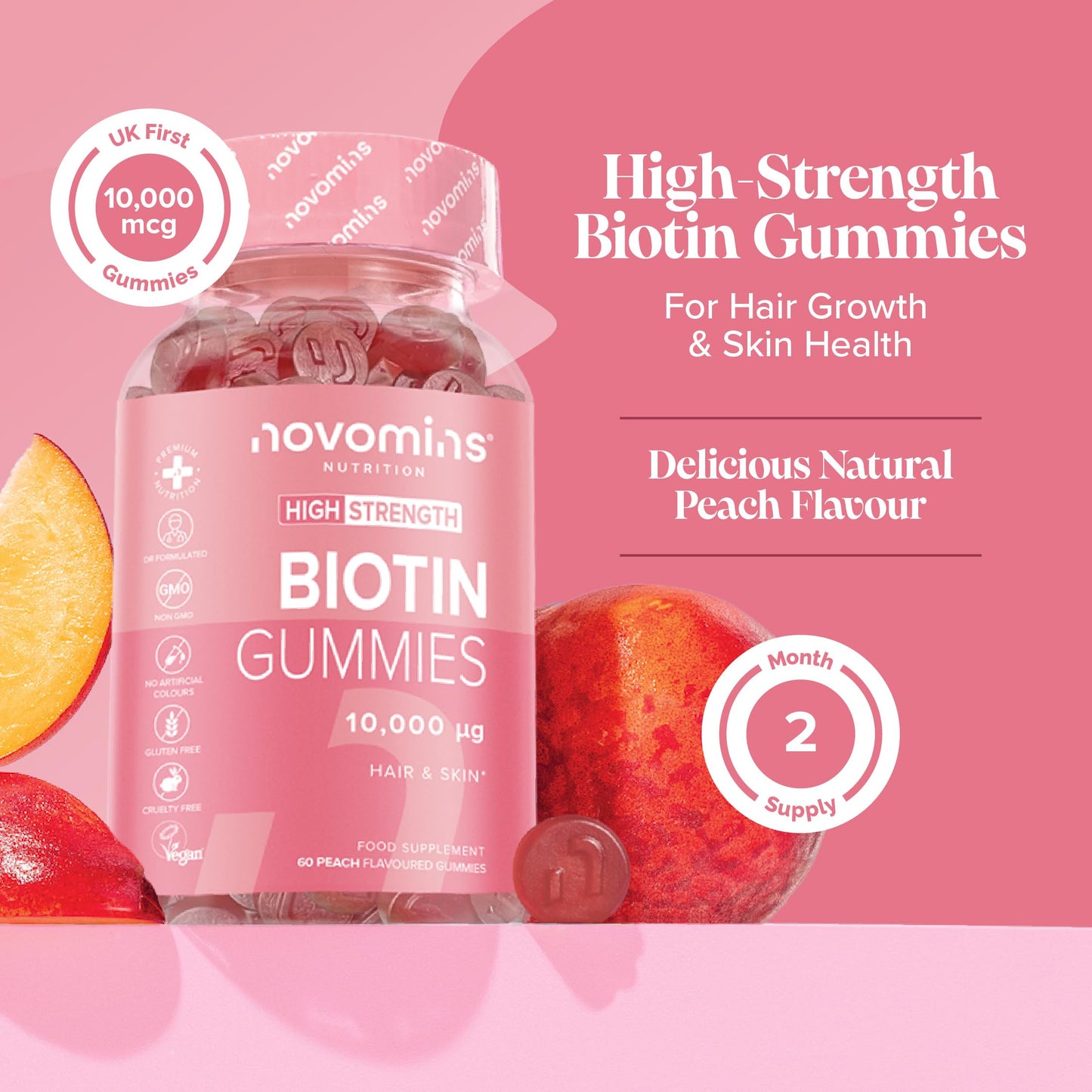 Biotin Gummies - 10,000 mcg - 60-Day Supply - Hair Vitamins –- Vegan - Chewable Hair Vitamins – Anti Hair Loss and Thinning Supplement – Hair Gummies for Hair Growth - Made by Novomins