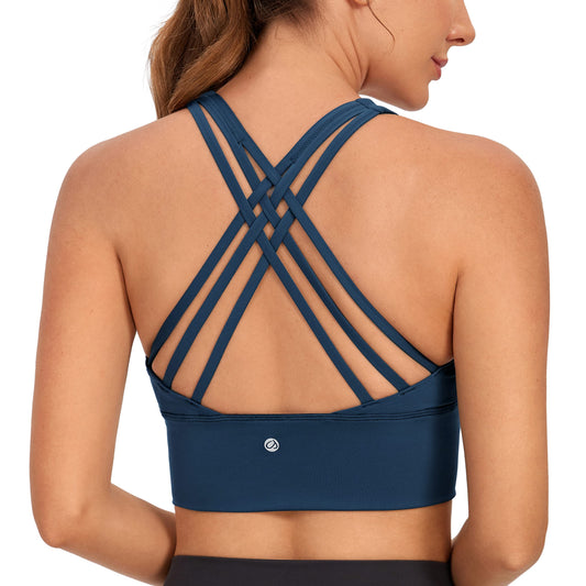 CRZ YOGA Women's Longline Strappy Sports Bras Fitness Bra Wirefree Padded Yoga Crop Tops with Built in Bra French Navy S