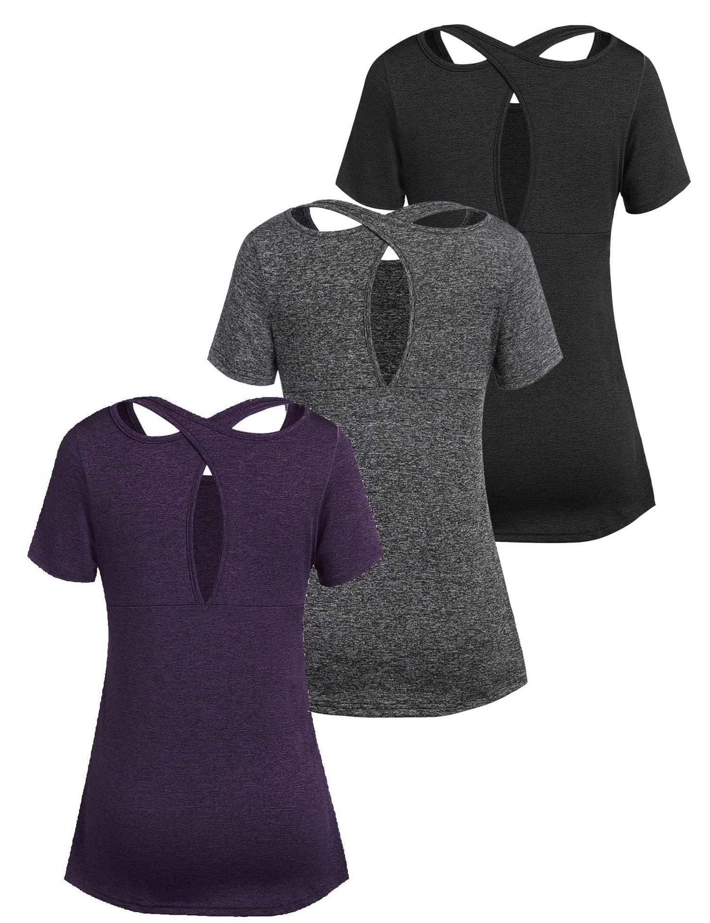 PINSPARK Women's 1 or 3 Pack Sport Tshirt Cross Back Yoga Sport Tshirt Breathable Ladies Quick-Drying Activewear Tops Flexible Athletic Gym T-Shirts PAT1 or 3 XL