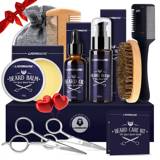 Beard Care Kit for Men, Father’s Day Gifts for Dad, LIONMANE Beard Grooming Kit-Beard Balm,Beard Wash & Oil,Comb,Brush,Scissors, Hair Thinning Comb,Anniversary Birthday Gifts for Him/Husband/Boyfriend