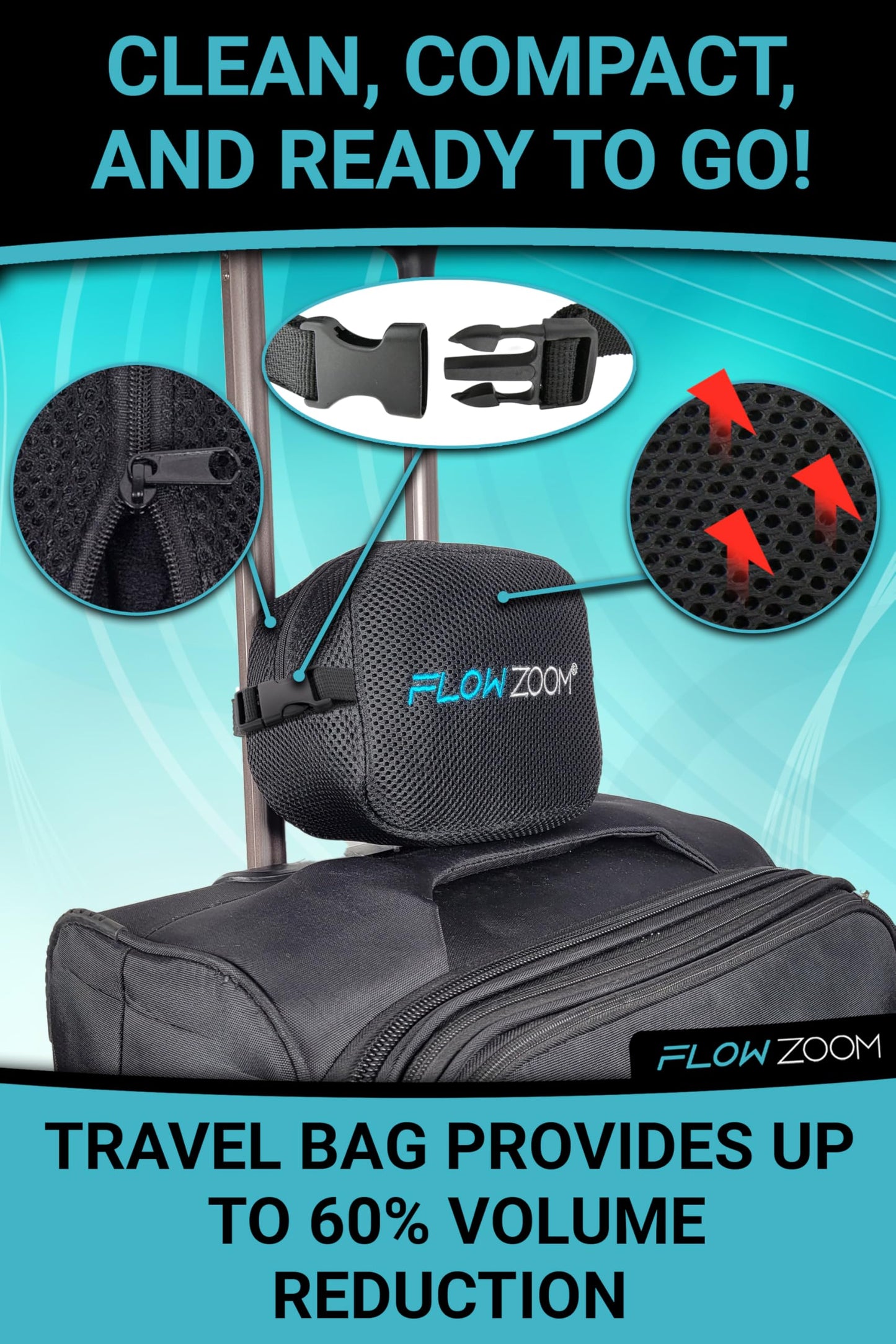 FLOWZOOM Dream Travel Neck Pillow for Airplane & Car – Adjustable Memory Foam Travel Cushion with Higher Sides for Extra Support, Soft, Washable Plush Cover and Compact Mash Bag - Black