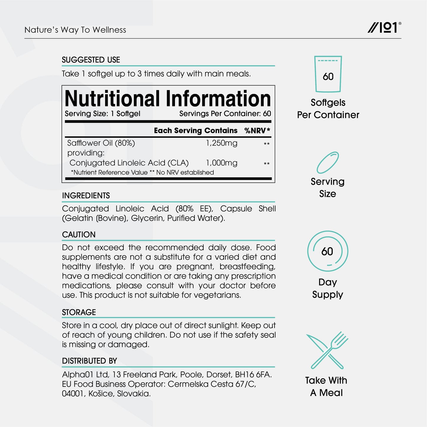 CLA Softgels 1000mg - Conjugated Linoleic Acid (CLA) Tonalin - Diet and Weight Loss Supplement - 60 Softgels - by Alpha01