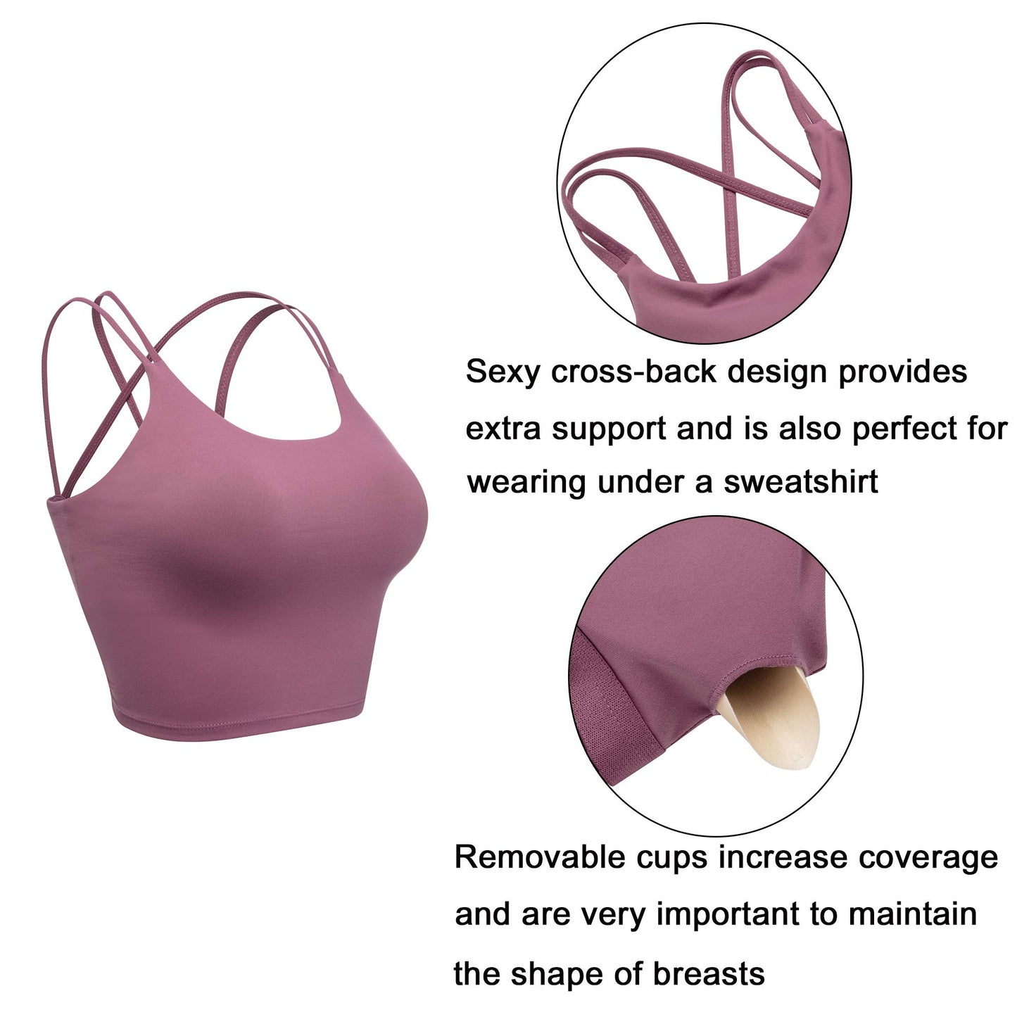 ZAIQUN Women Padded Sports Bra Wirefree for Fitness Workout Running Shirts Yoga Tank Top Rose Purple