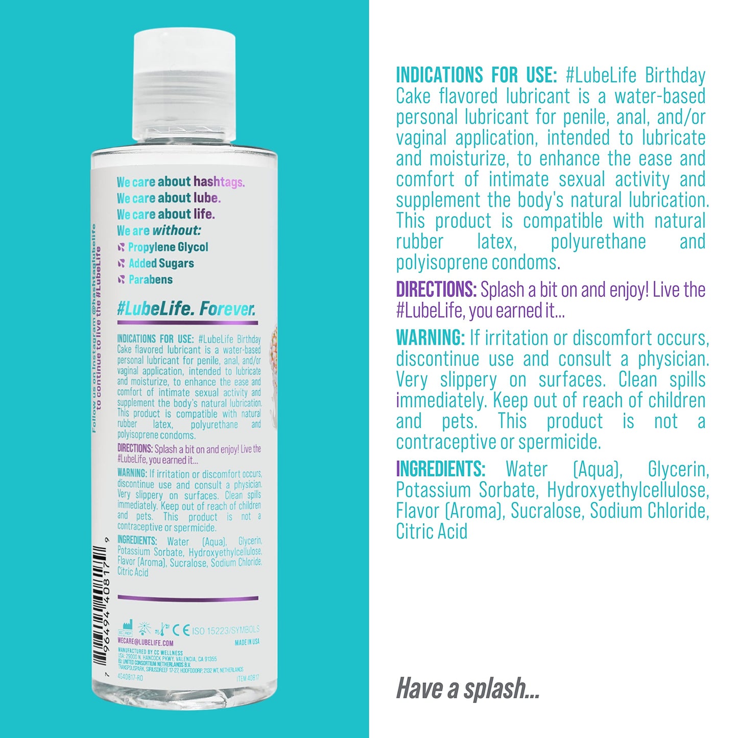 Lube Life Water-Based Birthday Cake Flavored Lubricant, Personal Lube for Men, Women and Couples, Made Without Added Sugar, 240 ml