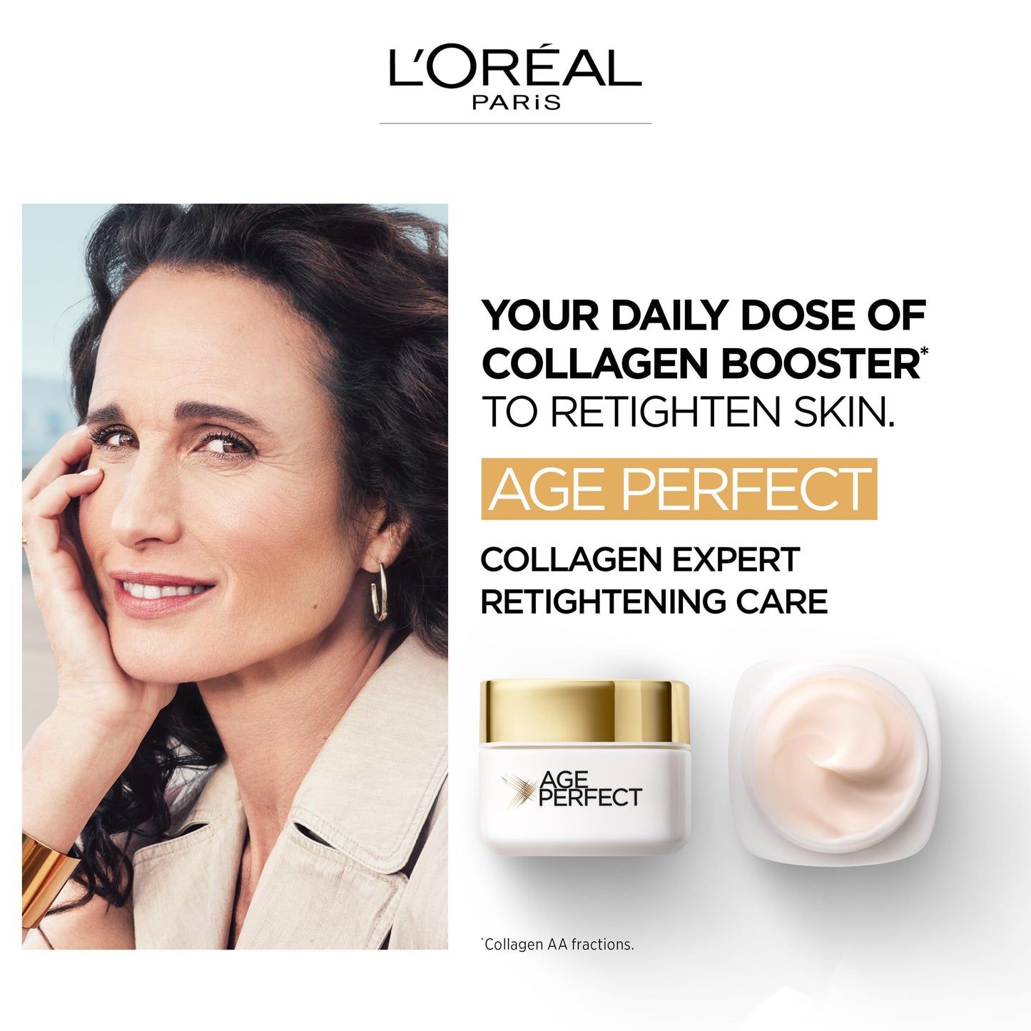 L’Oréal Paris Age Perfect Collagen Expert Retightening Day Cream 50+, Firmer, Supple, Moisturised and Hydrated Skin, Collagen AA Fractions, 50ml