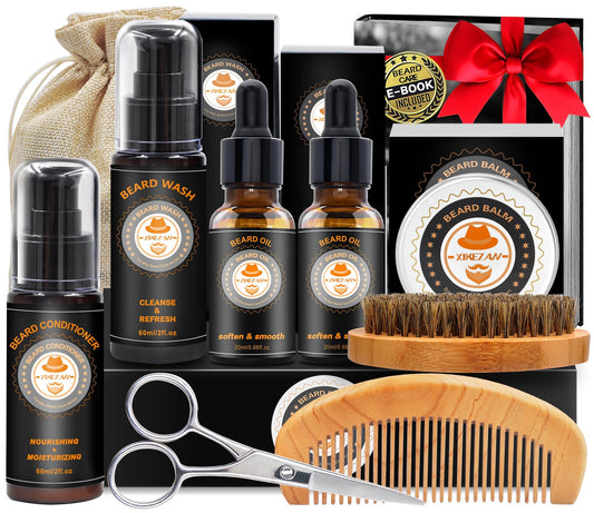 XIKEZAN Fathers Day Dad Gifts,Beard Grooming Kit for Men w/Beard Conditioner, Wash, Oil, Balm,Brush,Anniversary Birthday Valentines Gifts for Men Him Daddy Husband Boyfriend Christmas Stocking Fillers