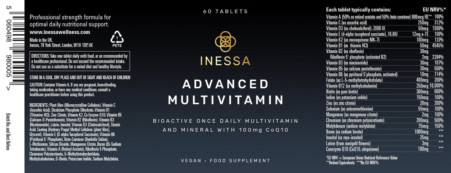 Inessa Multivitamin with CoQ10 100mg, Vitamin D3 2000 IU, K2 100mcg, B Complex, Vitamins A 800mcg, Folic Acid as 5-MTHF 400mcg, Zinc 20mg and Lutein