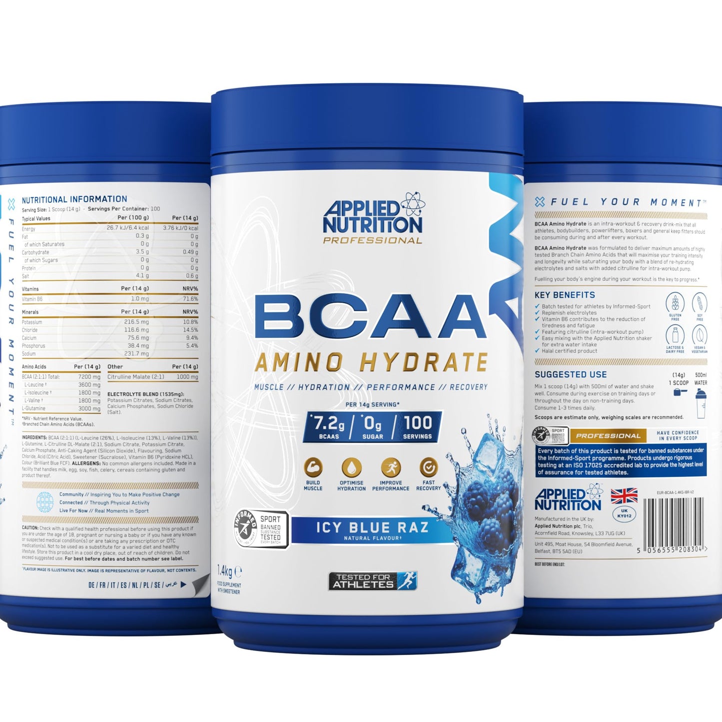 Applied Nutrition BCAA Powder - Branched Chain Amino Acids BCAAs Supplement, Amino Hydrate Intra Workout & Recovery Energy Drink (1.4kg - 100 Servings) (ICY Blue Raz)