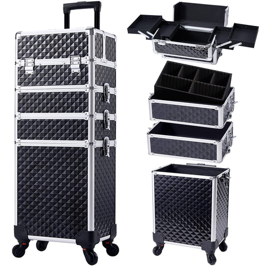 Joligrace 4-in-1 Tall Vanity Case for Women Makeup Box Make Up Beauty Trolley on Wheels Professional Large Makeup Case Organiser Rolling Box Nail Technician case with Locks (Black)