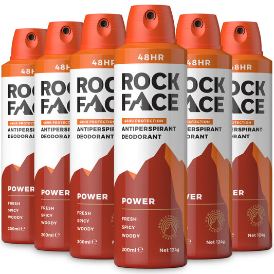 Rock Face Antiperspirant Deodorant for Men - Power Spicy Oriental Scent, 200ml Spray, 48 Hour Protection, Non-Staining, Multipack of 6