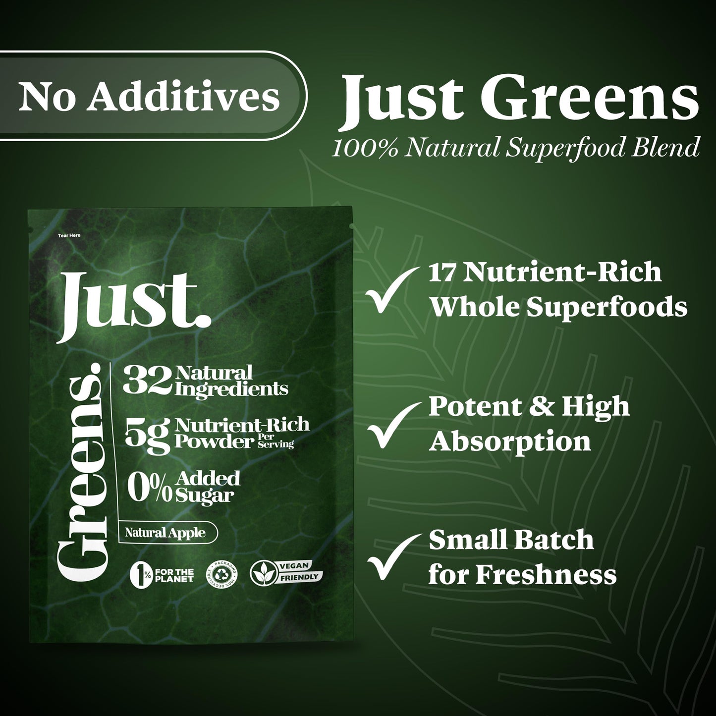 JUST Greens Powder 150g Superfood Supplement for Gut Health, Detox, Energy & Weightloss, Supergreens Packed with Fibre, Protein, Collagen & Vitamins