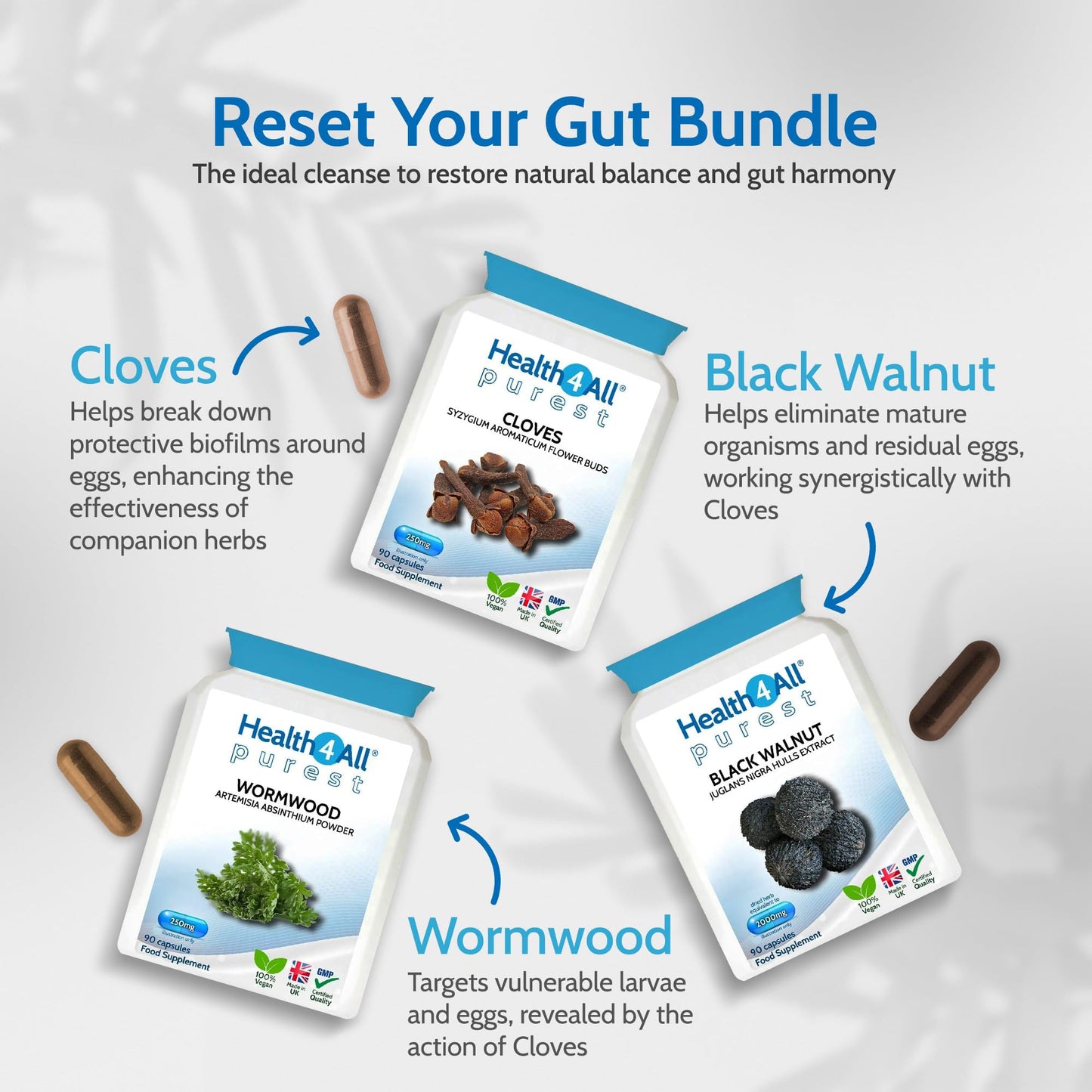Health4All Wormwood, Black Walnut, Cloves Digestive Dewormer Detox Cleanse for Humans Set 3x90 Capsules. Vegan. Purest - no additives Intestinal Detox Supplement