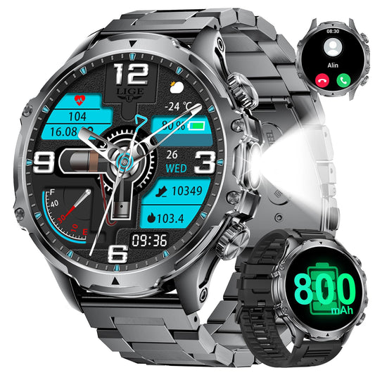Military Smart Watch for Men with 800mAh and LED Flashlight, 1.85'' Smartwatch with Bluetooth Call/30+ Days Standby/Health Monitor, IP68 Waterproof Sport Tactical Fitness Tracker Watch for Android iOS