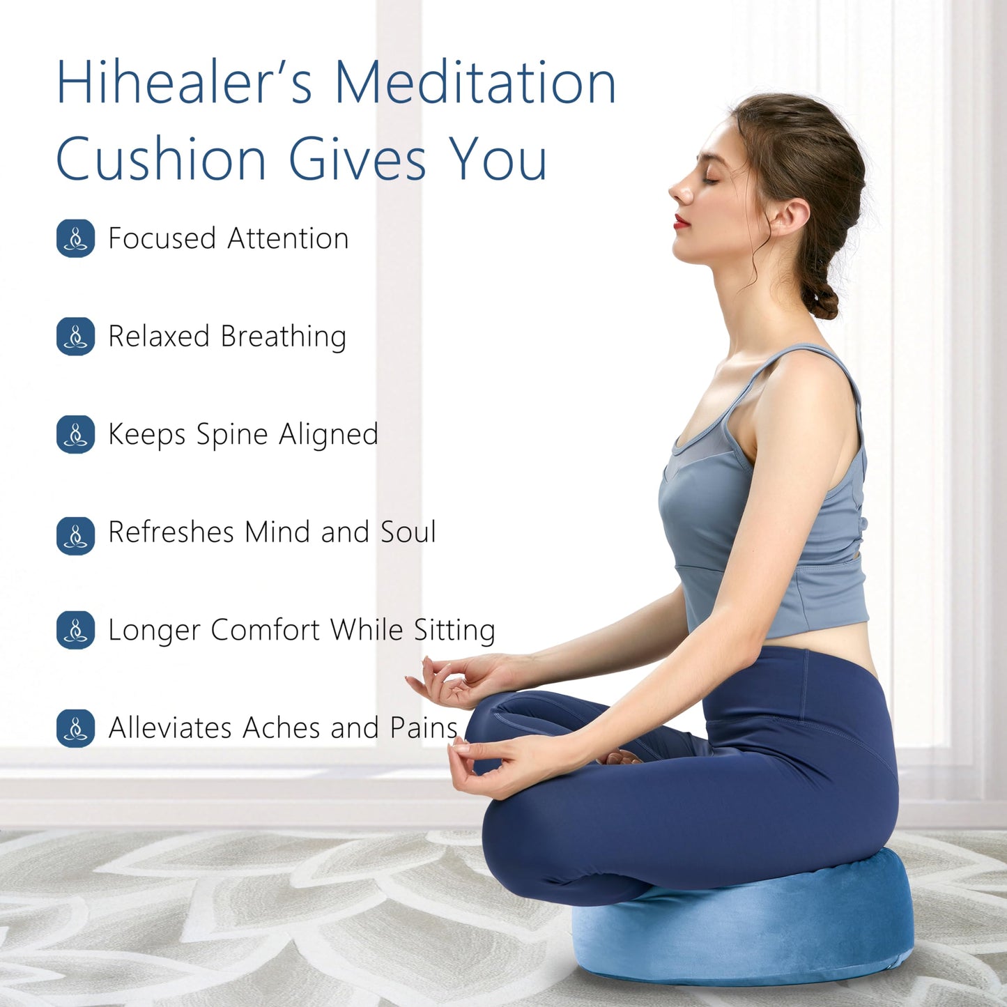 Hihealer Meditation Cushion with Extra Velvet Cover - Large Traditional Tibetan Meditation Yoga Floor Cushion Pillow Zafu Filled by Buckwheat Hulls, Great Gift for Women (Restful Light Blues)